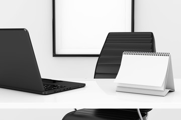 Aufkleber - Blank Spiral Calendar and Laptop on the table in front of Black Leather Office Chair. 3d Rendering