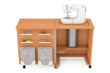 Wall Mural - Sewing Machine on Tailor Workshop Wooden Table. 3d Rendering