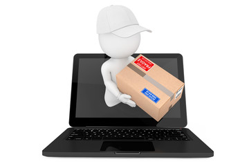 Aufkleber - Fast Delivery Concept. 3d Character Deliver Parcel Through Laptop Screen. 3d Rendering