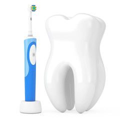 Poster - New Electric Toothbrush on a Charge Stand near Big White Tooth. 3d Rendering