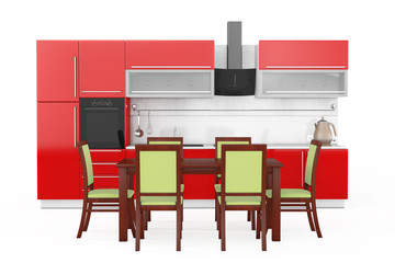 Aufkleber - Table and Chairs in front of Modern Red Kitchen Furniture with Kitchenware. 3d Rendering