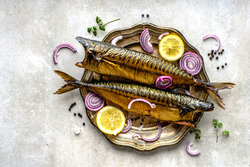 Wall Mural - Mackerel, smoked fish with omega 3 fat, bar food on table