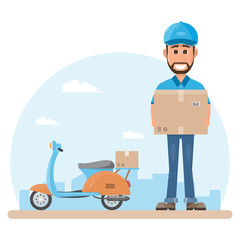 Wall Mural - delivery man with box. Postman design isolated on white background. Courier in hat and uniform with package.