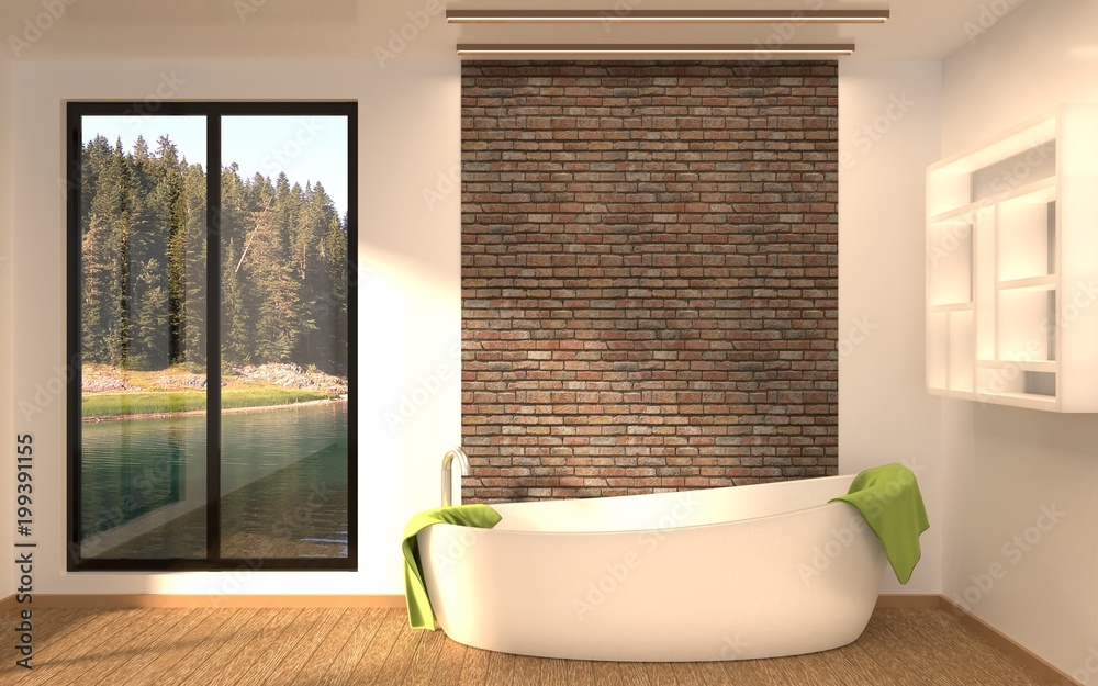 Curated visual reference: Bathroom Interior With A Lake View Panoramic Window Freestanding Tub Photo Inspiration