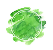 Bright Green Brush Strokes With White Circular Frame Design Painted In Watercolor On Clean White Background