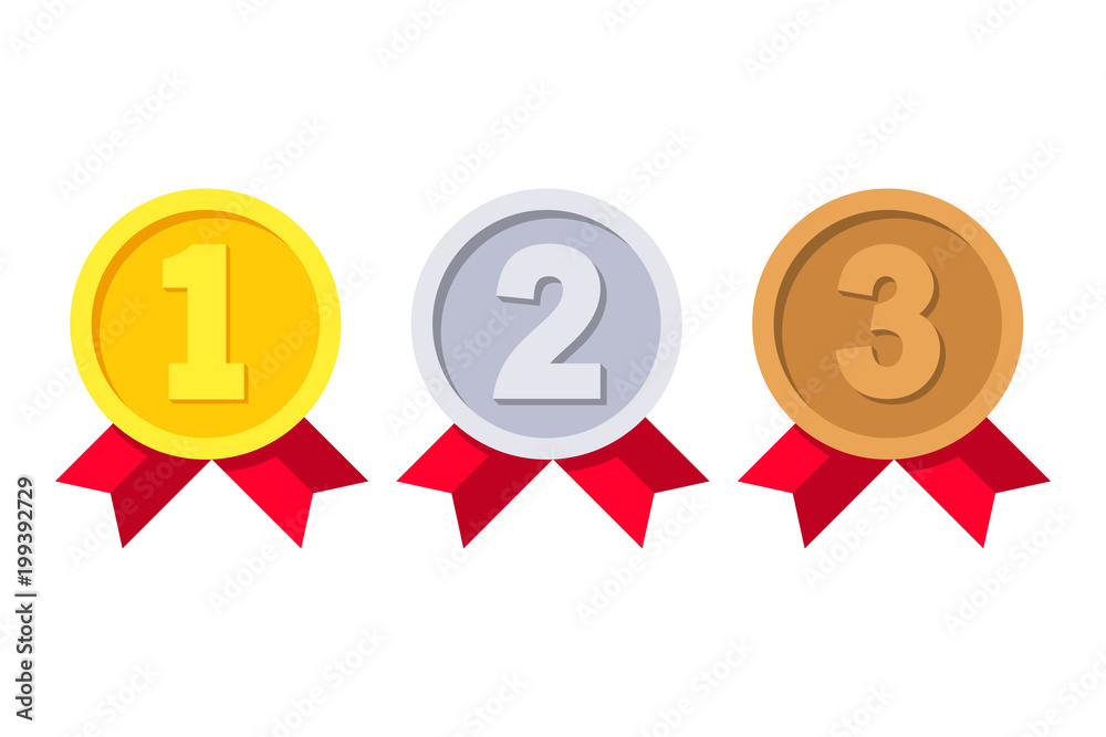 1st, 2nd and 3rd places. Gold, silver, bronze medal. First, second, third place. Award winner. Trophy with red ribbon. Golden badge for achievement. Vector flat design. Isolated on white background - obrazy, fototapety, plakaty 