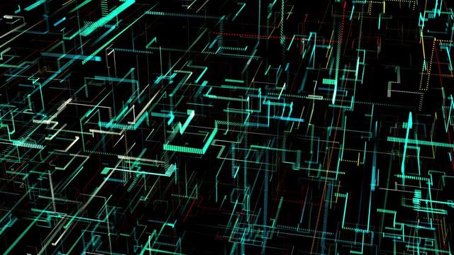 Wall Mural - Journey through three-dimension digital Artificial Neural Network. Electronic nodes, connected together in electronic cyberspace. Grid shows data connection in decentralized or cryptocurrency network