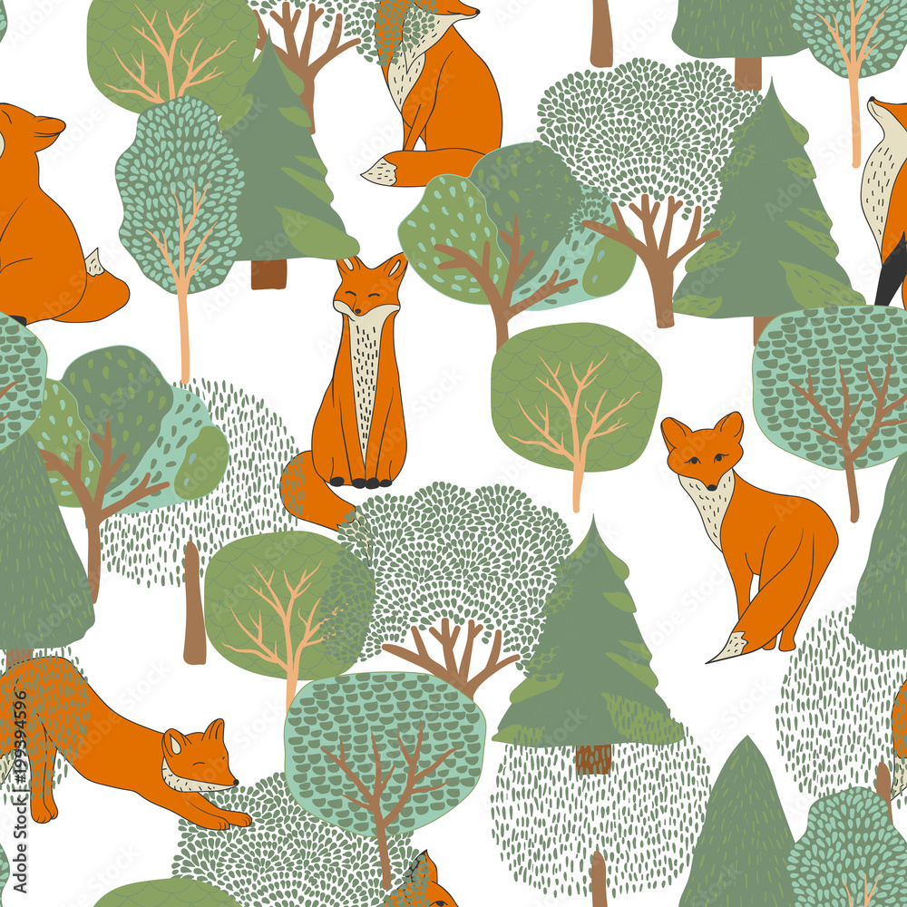Forest seamless pattern with cute little foxes and trees. Vector ...