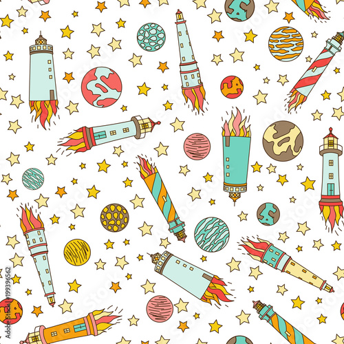 wzor-podrozy-w-kosmos-z-gwiazd-szkicu-rakiety-komet-i-planet-ilustracji-wektorowych-latarnie-morskie-w-kosmosie-rakiety-ostrzegawcze
