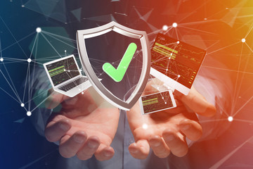 Poster - Shield symbol surrounded by devices and network displayed on a futuristic interface