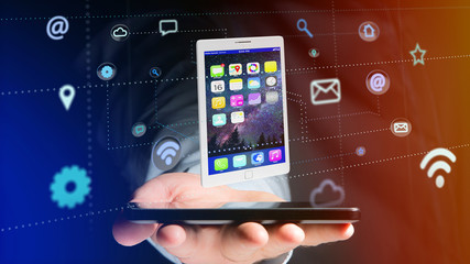 Poster - Businessman using a smartphone with a tablet surrounding by app and social icon - 3d render