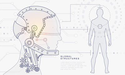 Poster - Innovations systems connecting people and robots devices. Future technologies in automatics cyborg systems and computers industry from awesome internet developments. Geometry style with linear pictogr