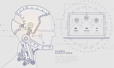 Poster - Innovations systems connecting people and robots devices. Future technologies in automatics cyborg systems and computers industry from awesome internet developments. Geometry style with linear pictogr