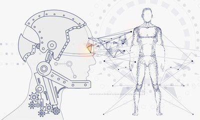 Wall Mural - Innovations systems connecting people and robots devices. Future technologies in automatics cyborg systems and computers industry from awesome internet developments. Geometry style with linear pictogr