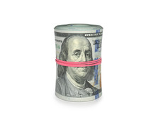 Money Roll, Roll Of Bills, Roll Of Dollar Bills On A White Background. 3D Illustration