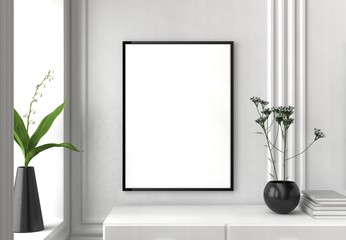 mock up frame in hipster interior background. 3d illustrating.