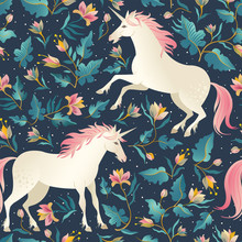 Seamless Pattern With Beautiful Unicorns. Vector Magic Background For Kids Design.
