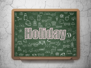 Wall Mural - Vacation concept: Chalk Pink text Holiday on School board background with  Hand Drawn Vacation Icons, 3D Rendering