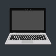 © andisrea - laptop flat mockup in front view. Minimal flat design for websites, business, marketing, and commercial. Portable computer icons on dark background. Isolated laptop with black buttons and dark screen.