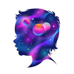 Wall Mural - double exposure illustration - children silhouette and universe background. vector illustration.