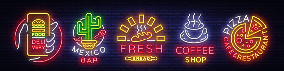 Wall Mural - Set Fast Food Logos. Collection neon signs, Street Food, Food Delivery, Mexico Bar, Fresh Bread, Coffee shop, Pizza Cafe Restaurant. Design elements for food, neon banner. Vector illustration
