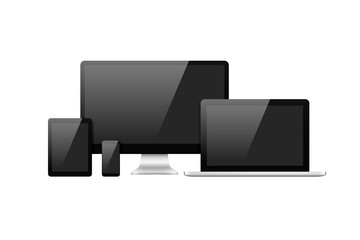 Fototapete - Realistic vector digital device gadget mockup set. High quality shiny smartphone, tablet, laptop and computer monitor icons with blank screens for your design.
