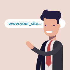 Poster - Happy businessman or manager points at the website address. Address line of your store or site in the Internet browser. Man in business suit. Vector illustration of cartoon style close-up.