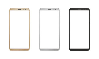 Leinwandbilder - Gold, silver and black smart phone with round edges on isolated white background.