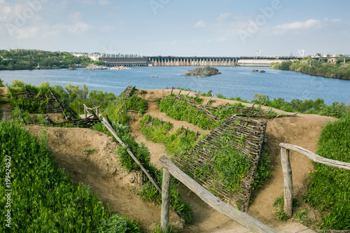 Fotografiet The wooden protective fortifications in Museum of Zaporizhian Cossacks on the is