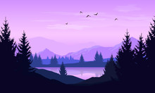 Vector Cartoon Landscape With Purple Silhouettes Of Trees, Mountains And Lake