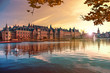 Sunset on the Binnenhof building and The Hague city reflected on the pond with a swan swimming on, Netherlands