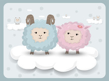 Happy Easter Card With Sheep Couple Vector. Holiday Backgrounds