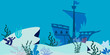 Blue underwater landscape with sunken ship. Flat design. Vector illustration