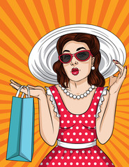 Wall Mural - Vector retro illustration of pop art comic style beautiful woman in sunglasses and big hat go shopping. A Vintage poster of a girl with ahopping bag