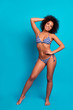 Vertical full-length full-size portrait of cheerful excited enjoying her vacation tanned afro woman with curly hair, demonstrating her excellent body figure shape, isolated on blue background