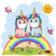 Two Cartoon Unicorns are sitting on the rainbow