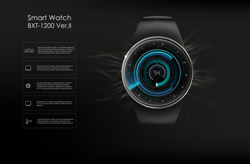 Poster - Vector realistic illustration of smart watch, technology functions and template text. Smart watch vector illustration.