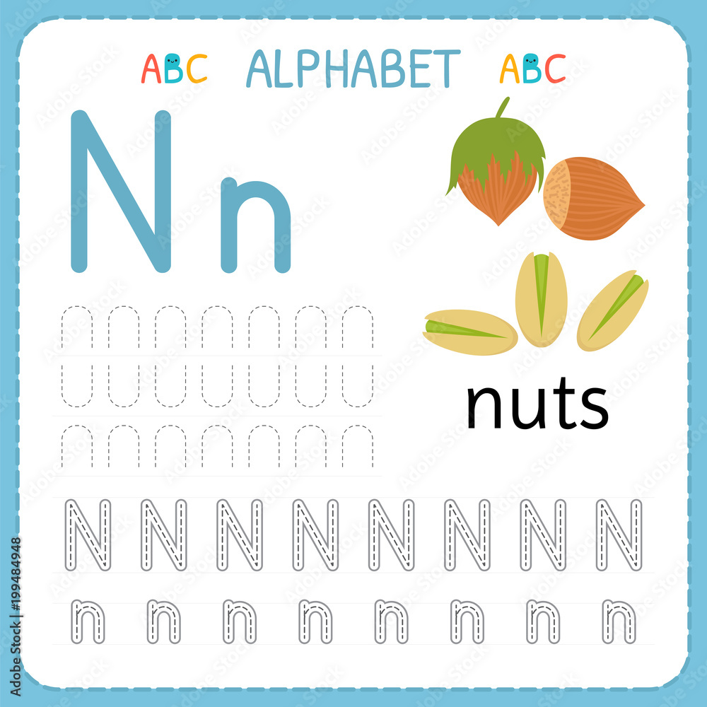 Alphabet tracing worksheet for preschool and kindergarten. Writing practice letter  N. Exercises for kids Stock Vector | Adobe Stock, image size:1000x1000