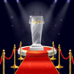 Vector realistic round podium with glass tribune for public speaking, red velvet carpet, ropes with golden stanchions illuminated by spotlights. Concept background with pedestal for award ceremony