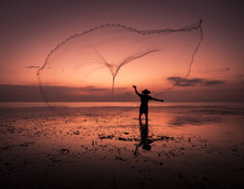 Sunrise Fisherman Casting His Net, Bali, Indonesia