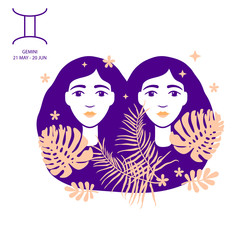 gemini of zodiac, horoscope concept, vector art, illustration. beautiful girl silhouette. astrologic