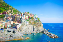 Beautiful View Of The Amazing Village Of Manarola In The Cinque Terre Reserve. Liguria Region Of Italy.