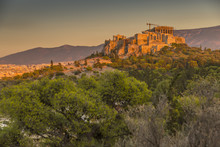 View Of The Acropolis, At Sunset From Filopappou Hill, Athens, Greece