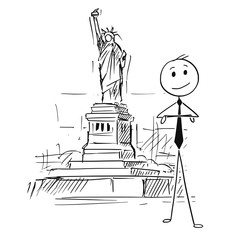 Wall Mural - Cartoon stick man drawing conceptual illustration of businessman standing in front of Statue of Liberty, New York. Concept of doing business in USA or United States.