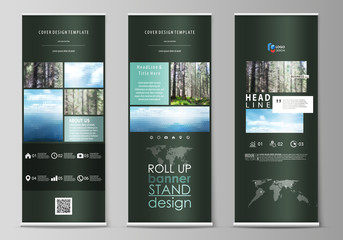 Poster - Roll up banner stands, flat design templates, vertical vector flyers, flag layouts. Colorful background, triangular or hexagonal texture for travel business, natural landscape in polygonal style.