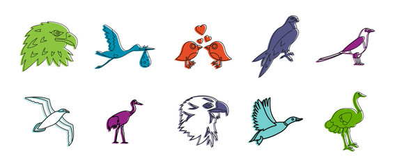 Sticker - Birds icon set, color outline style