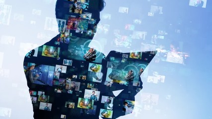Aufkleber - Social media concept. Silhouette of businessman using tablet PC.