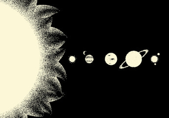 Poster - Space landscape with scenic view on parade of planets made with retro dotwork style