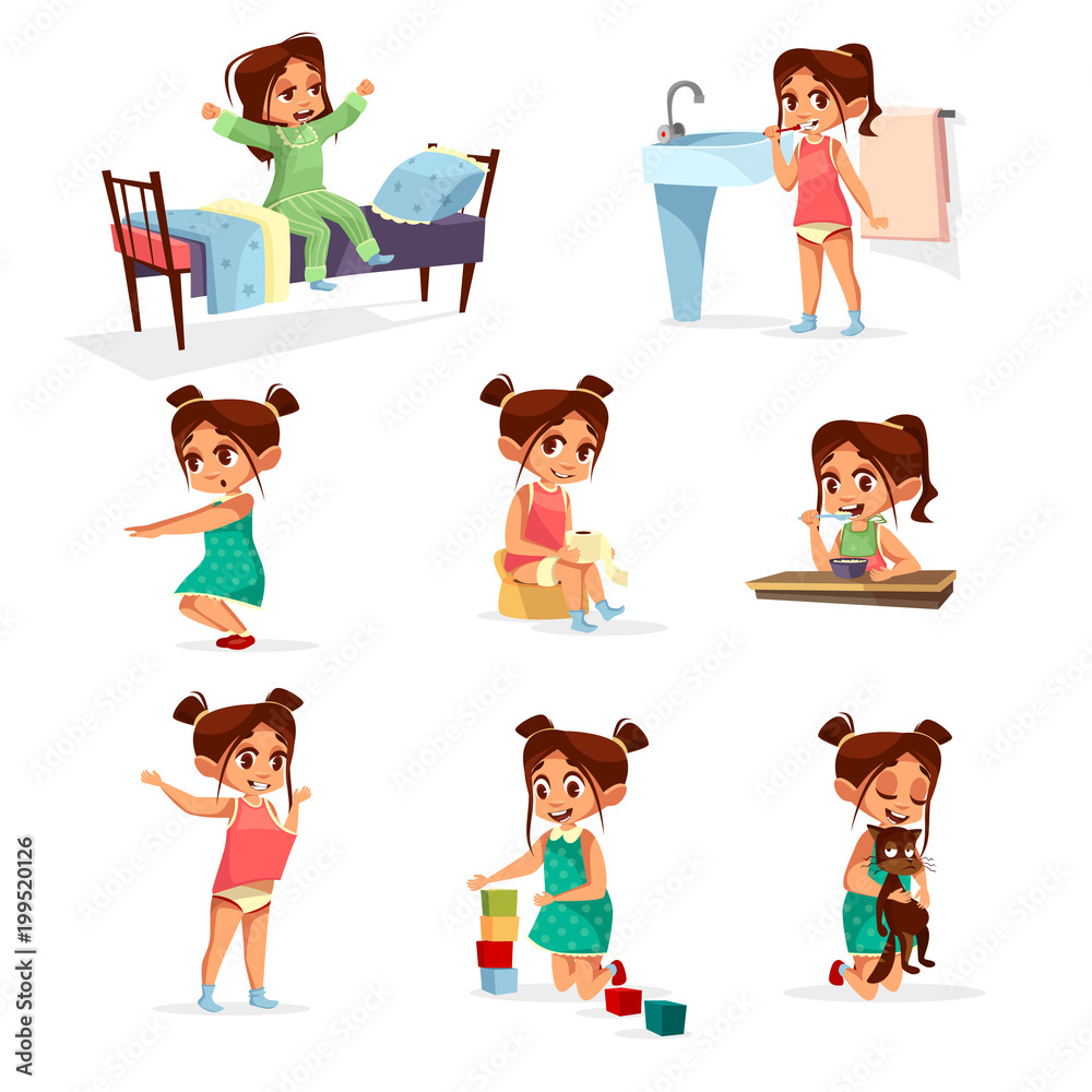 Balanced Routine Cartoon Vector cartoon girl daily routine activity set. Female character wake ...