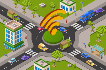 Fototapete - Smart city transport and wifi technology isometric 3D vector illustration of urban traffic crossroad and wi-fi icon. Isometric cars, public transport or buildings and wireless smart technology